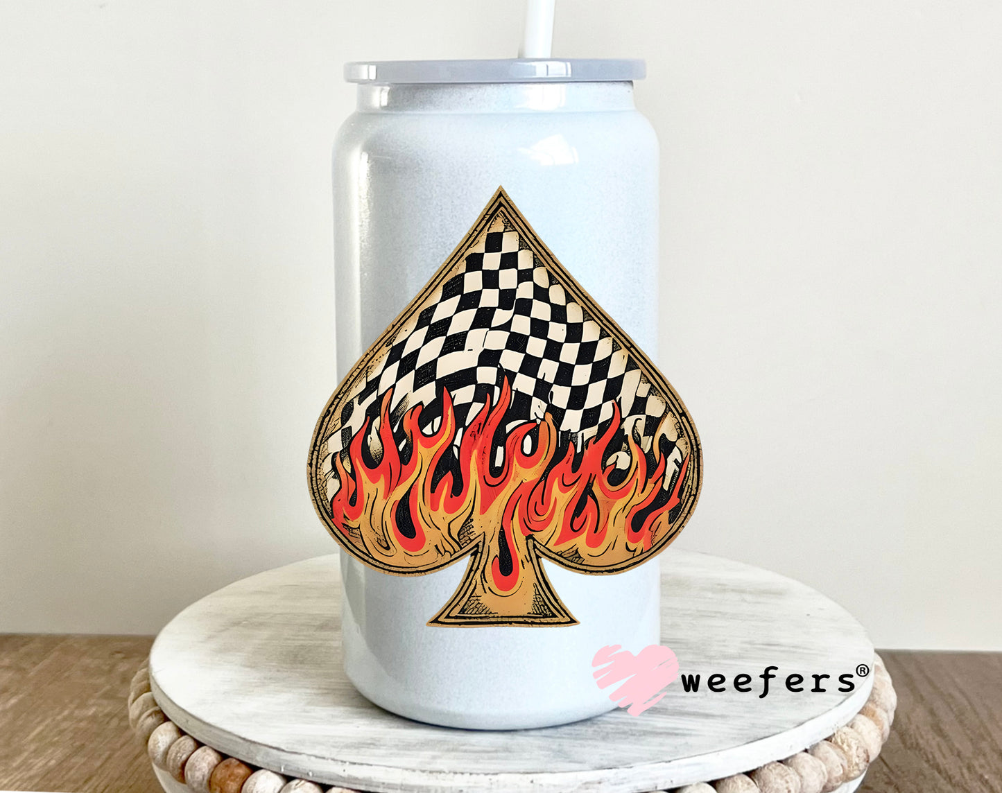 Fire Flames Black Checkered Spade UV DTF Decal 16oz Glass Can Generic Weefers