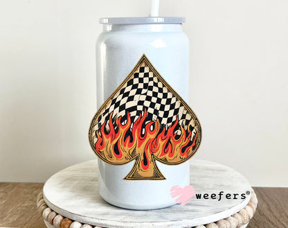 Fire Flames Black Checkered Spade UV DTF Decal 16oz Glass Can Generic Weefers