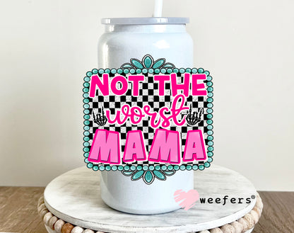 Not The Worst Mama Pink Western Blue UV DTF Decal 16oz Glass Can Generic Weefers