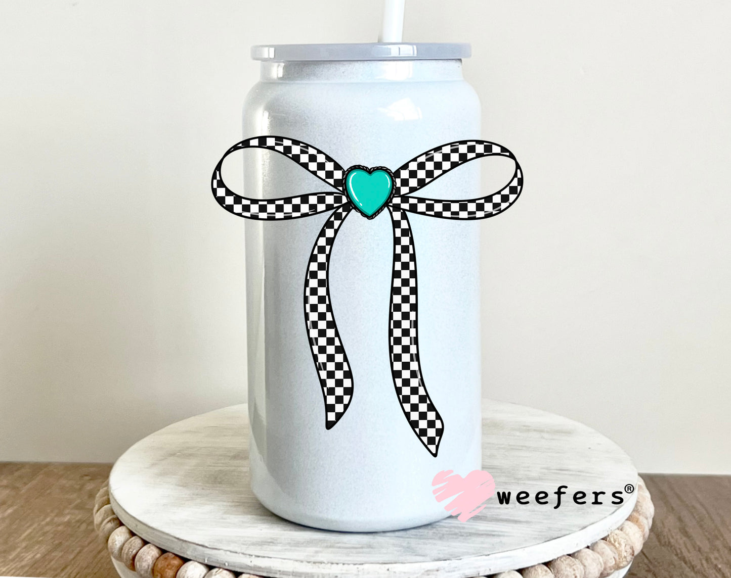 Black Checkered Bow Turquoise Heart UV DTF Decal 16oz Glass Can Generic Weefers