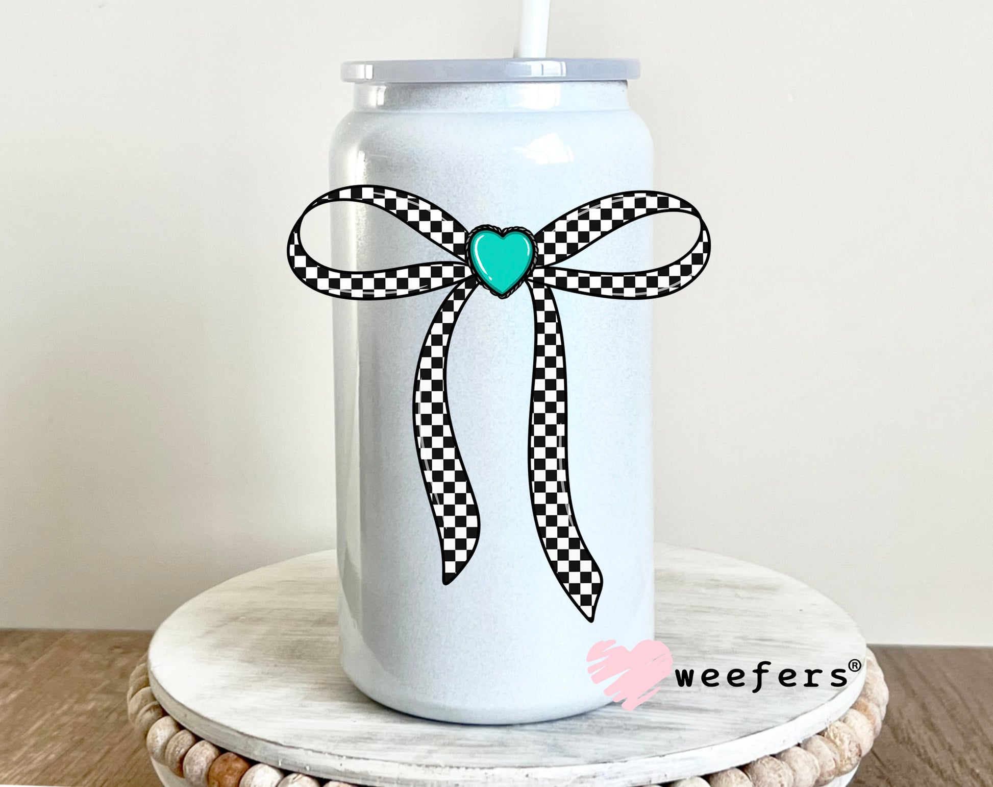 Black Checkered Bow Turquoise Heart UV DTF Decal 16oz Glass Can Generic Weefers