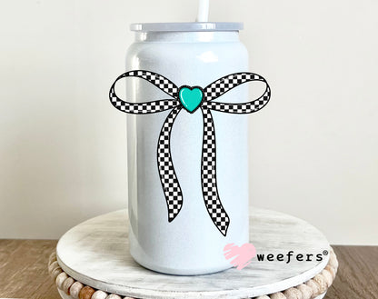 Black Checkered Bow Turquoise Heart UV DTF Decal 16oz Glass Can Generic Weefers