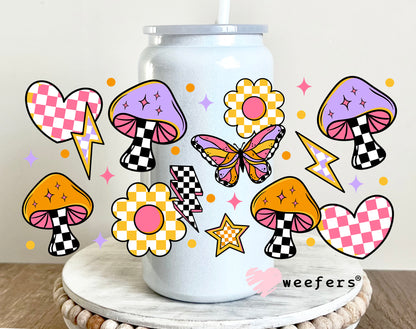 Retro Groovy Mushrooms Flowers UV DTF Cup Wrap 16oz Glass Can Generic Weefers