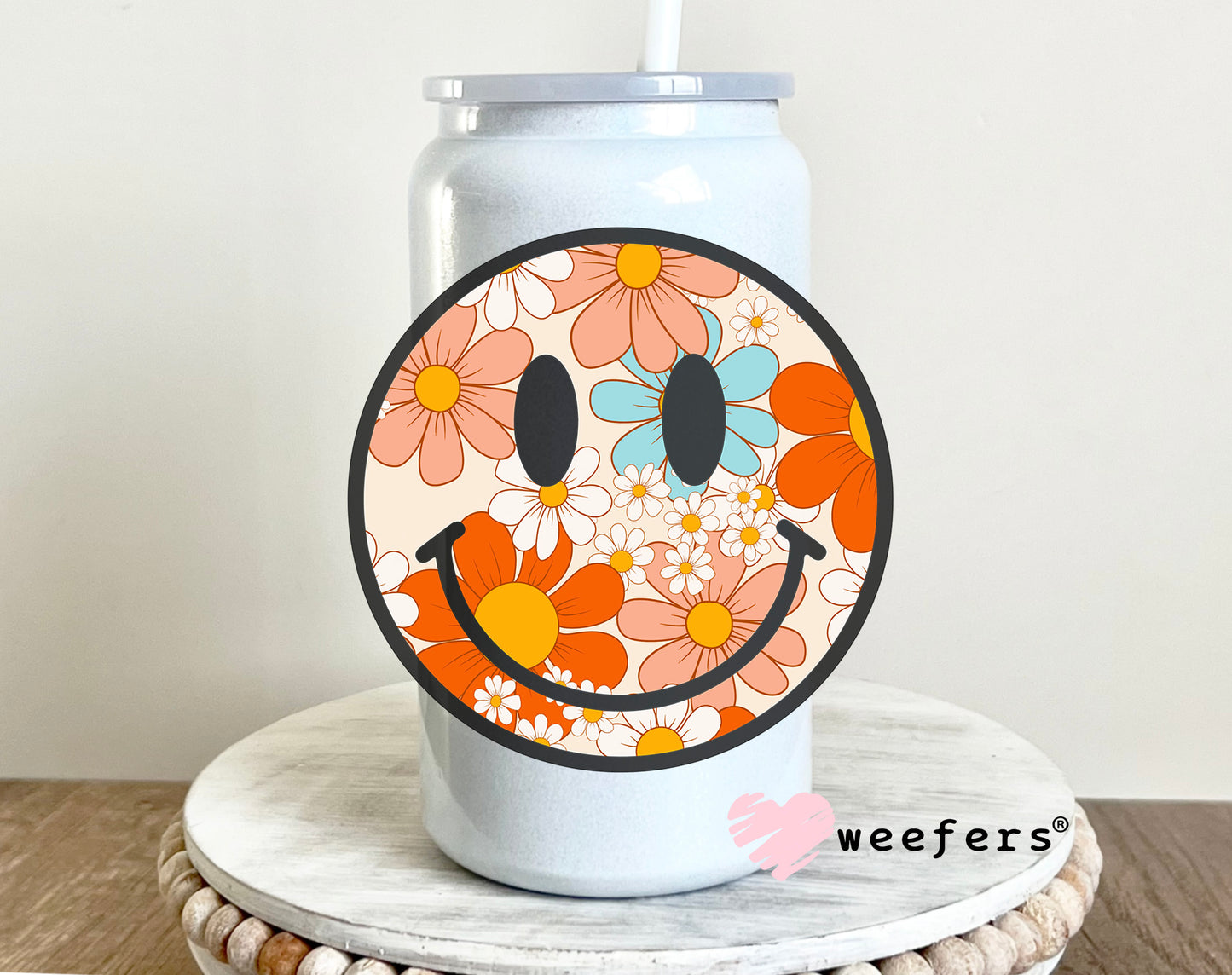 Retro Flowers Smile Face UV DTF Decal 16oz Glass Can Generic Weefers