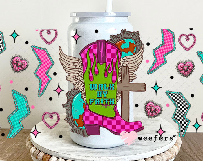 Walk By Faith Pink and Teal Cowgirl UV DTF Cup Wrap 16oz Glass Can Generic Cup Wrap Weefers