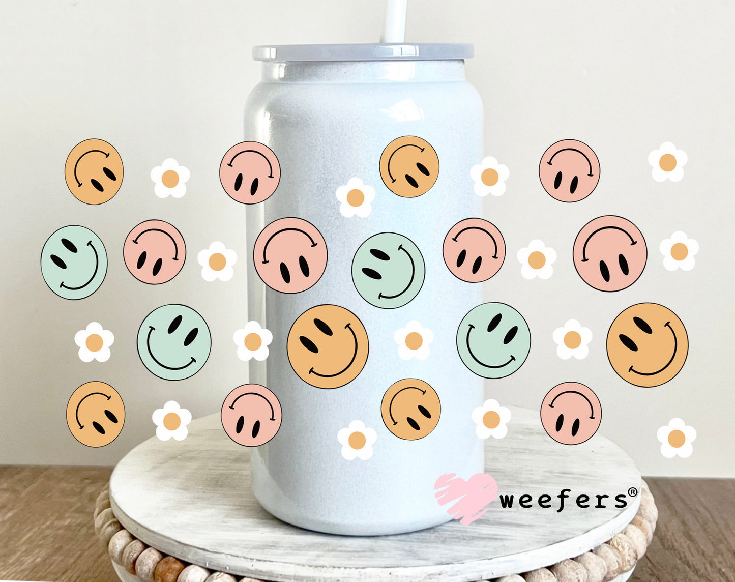 Retro Smile Faces UV DTF Cup Wrap 16oz Glass Can Generic Weefers