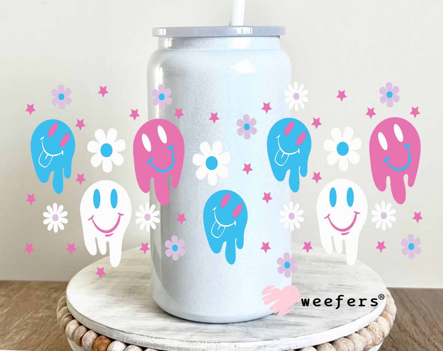 Pink and Blue Melting Faces UV DTF Cup Wrap 16oz Glass Can Generic Weefers