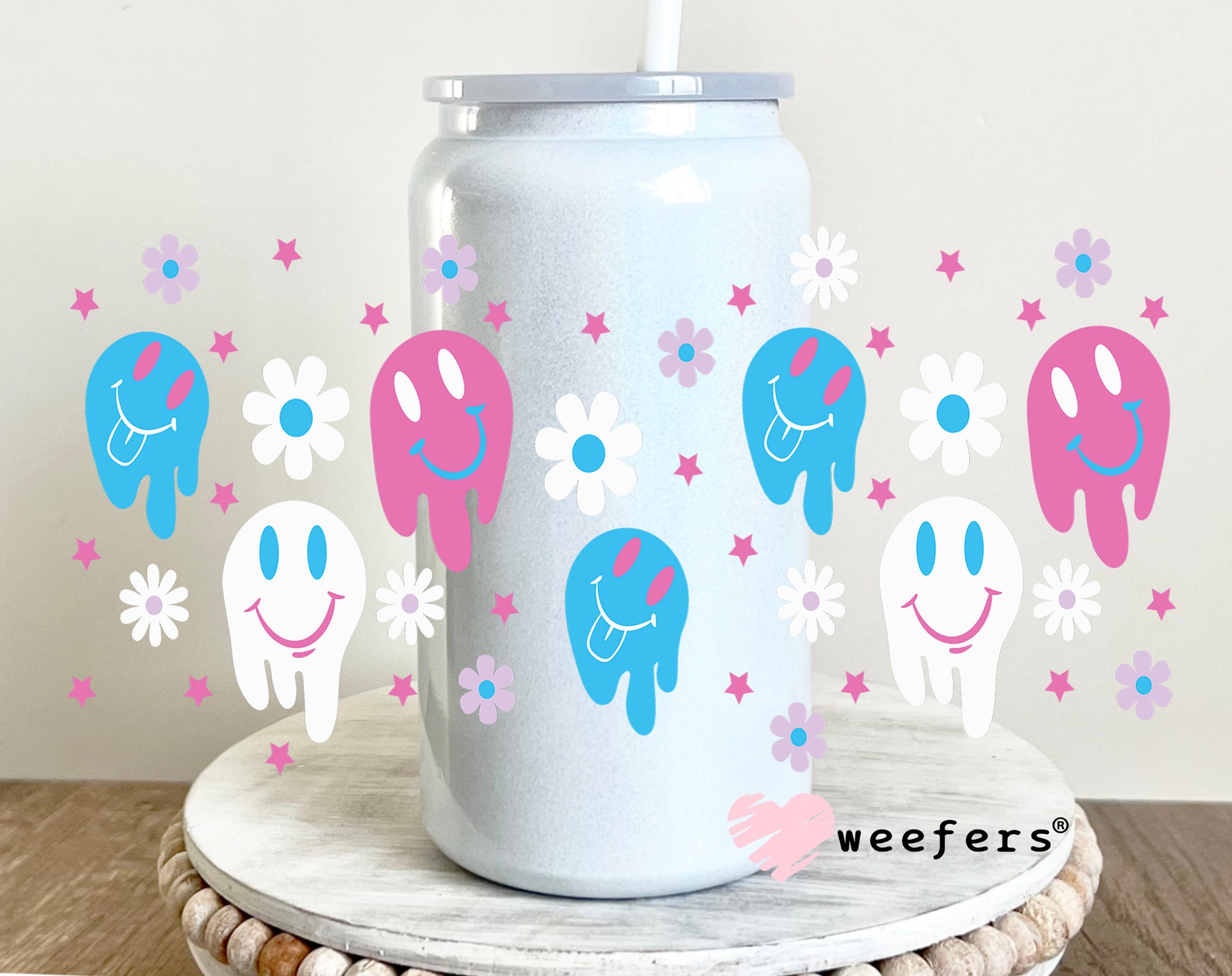 Pink and Blue Melting Faces UV DTF Cup Wrap 16oz Glass Can Generic Weefers