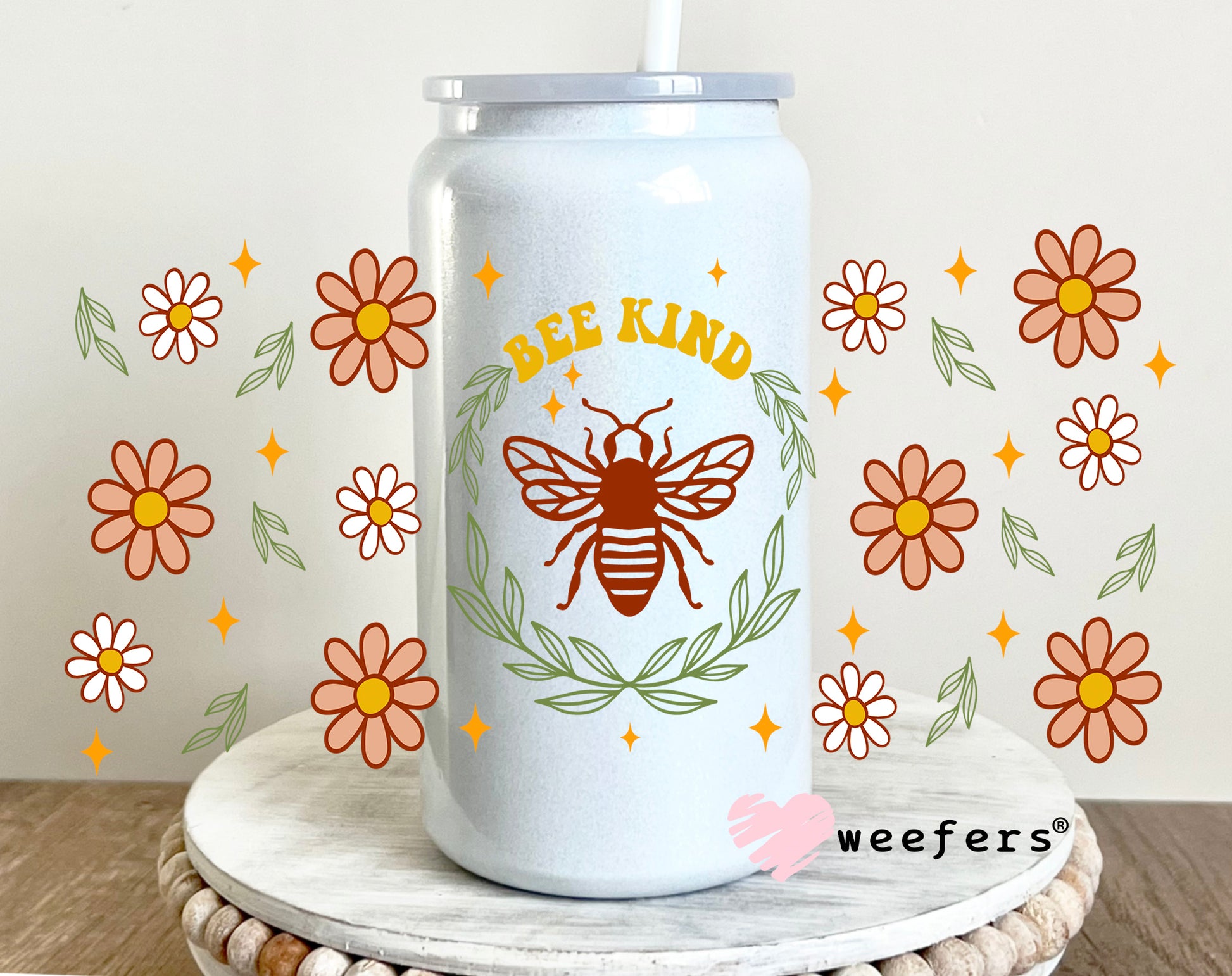 Bee Kind Flowers UV DTF Cup Wrap 16oz Glass Can Generic Weefers