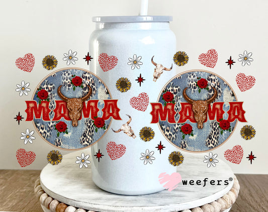 Red Mama Denim Round UV DTF Cup Wrap - WEEFERS EXCLUSIVE WRAP 16oz Glass Can Generic Weefers