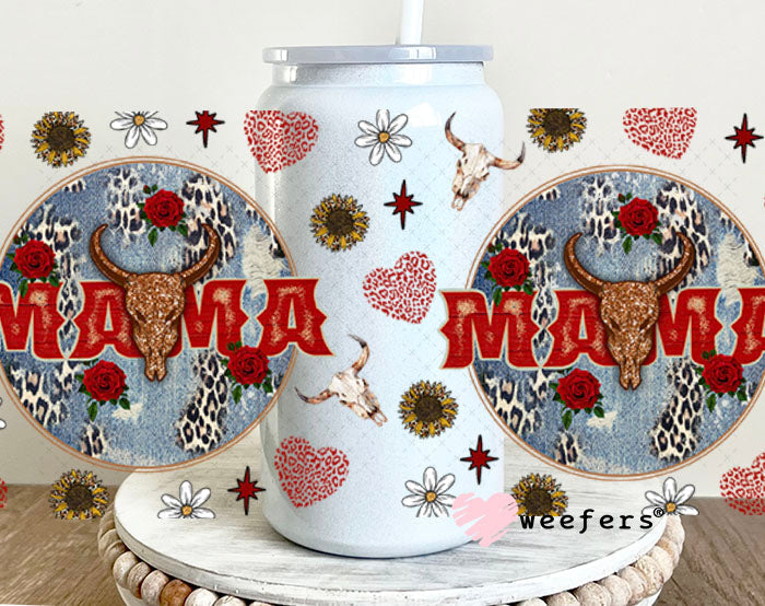 Red Mama Denim Round UV DTF Cup Wrap - WEEFERS EXCLUSIVE WRAP 16oz Glass Can Generic Cup Wrap Weefers