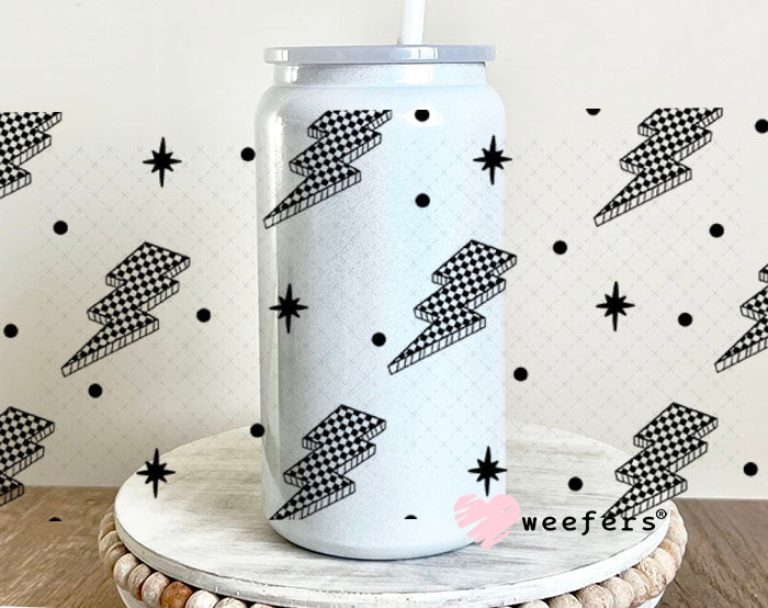 Black Checkered Lightening Bolts UV DTF Cup Wrap - WEEFERS EXCLUSIVE WRAP 16oz Glass Can Generic Cup Wrap Weefers