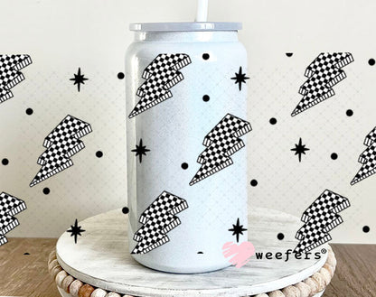 Black and White Checkered Lightening Bolts UV DTF Cup Wrap - WEEFERS EXCLUSIVE WRAP 16oz Glass Can Generic Cup Wrap Weefers