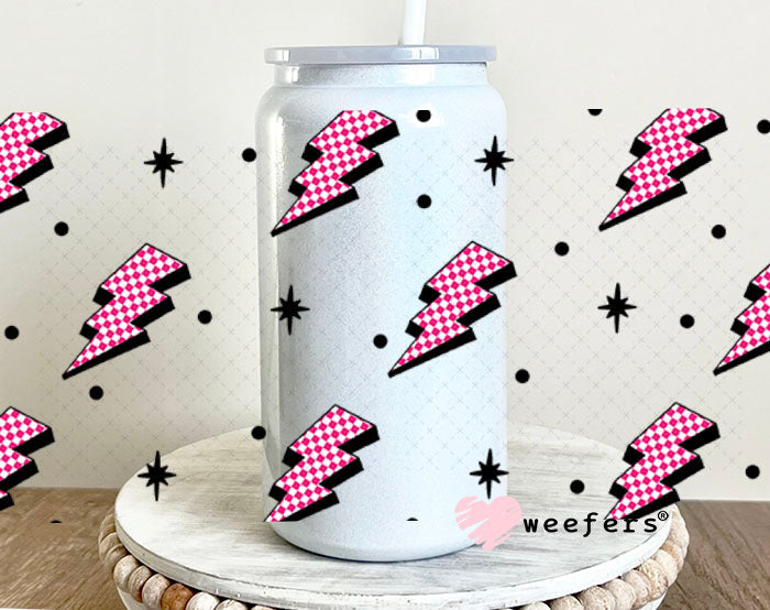 Pink and White Checkered Lightening Bolts UV DTF Cup Wrap - WEEFERS EXCLUSIVE WRAP 16oz Glass Can Generic Cup Wrap Weefers