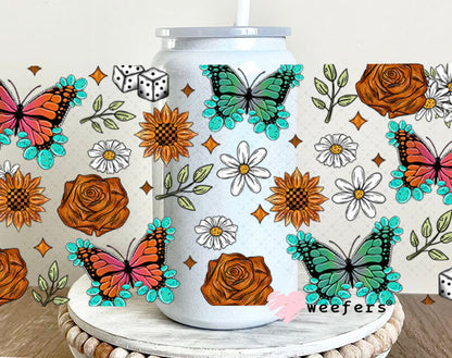 Rust Roses Butterflies and Sunflowers UV DTF Cup Wrap - WEEFERS EXCLUSIVE WRAP 16oz Glass Can Generic Cup Wrap Weefers