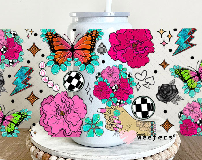Howdy Pink Flowers Butterflies UV DTF Cup Wrap - WEEFERS EXCLUSIVE WRAP 16oz Glass Can Generic Cup Wrap Weefers