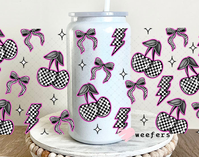 Purple Black and White Checkered Cherries and Bows UV DTF Cup Wrap - WEEFERS EXCLUSIVE WRAP 16oz Glass Can Generic Cup Wrap Weefers