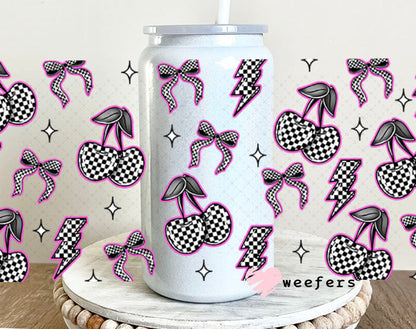 Purple Black and White Checkered Cherries and Bows UV DTF Cup Wrap - WEEFERS EXCLUSIVE WRAP 16oz Glass Can Generic Cup Wrap Weefers