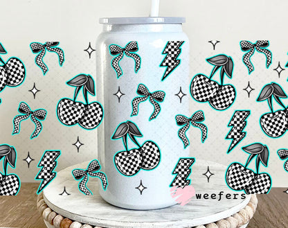 Teal Black and White Checkered Cherries and Bows UV DTF Cup Wrap - WEEFERS EXCLUSIVE WRAP 16oz Glass Can Generic Cup Wrap Weefers