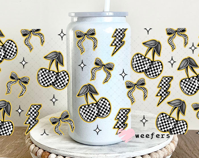 Yellow Black and White Checkered Cherries and Bows UV DTF Cup Wrap - WEEFERS EXCLUSIVE WRAP 16oz Glass Can Generic Cup Wrap Weefers