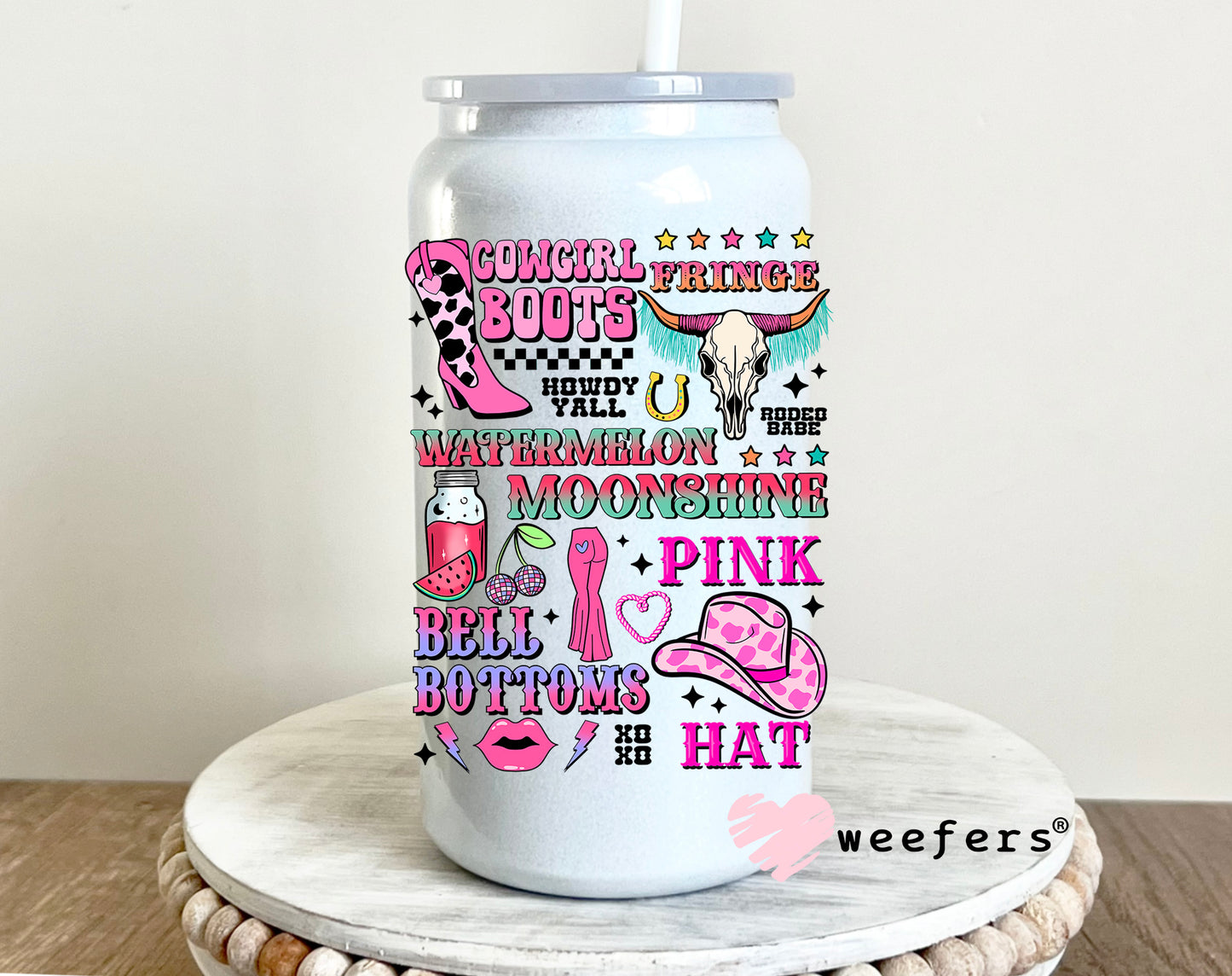 Cowgirl Favorite Things UV DTF Decal 16oz Glass Can Generic Weefers