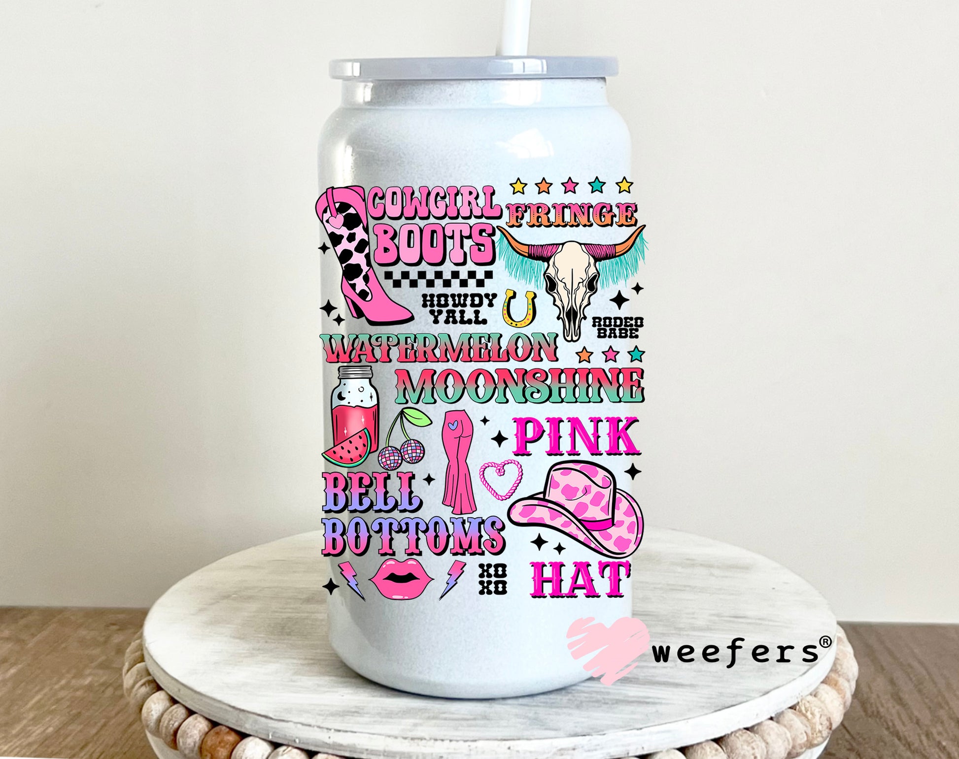Cowgirl Favorite Things UV DTF Decal 16oz Glass Can Generic Weefers
