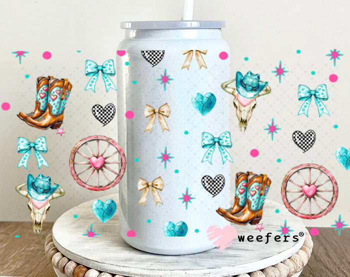 Hey There Cowboy Teal and Pink Sidekick UV DTF Cup Wrap - WEEFERS EXCLUSIVE WRAP 16oz Glass Can Generic Cup Wrap Weefers