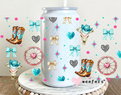 Hey There Cowboy Teal and Pink Sidekick UV DTF Cup Wrap - WEEFERS EXCLUSIVE WRAP 16oz Glass Can Generic Cup Wrap Weefers