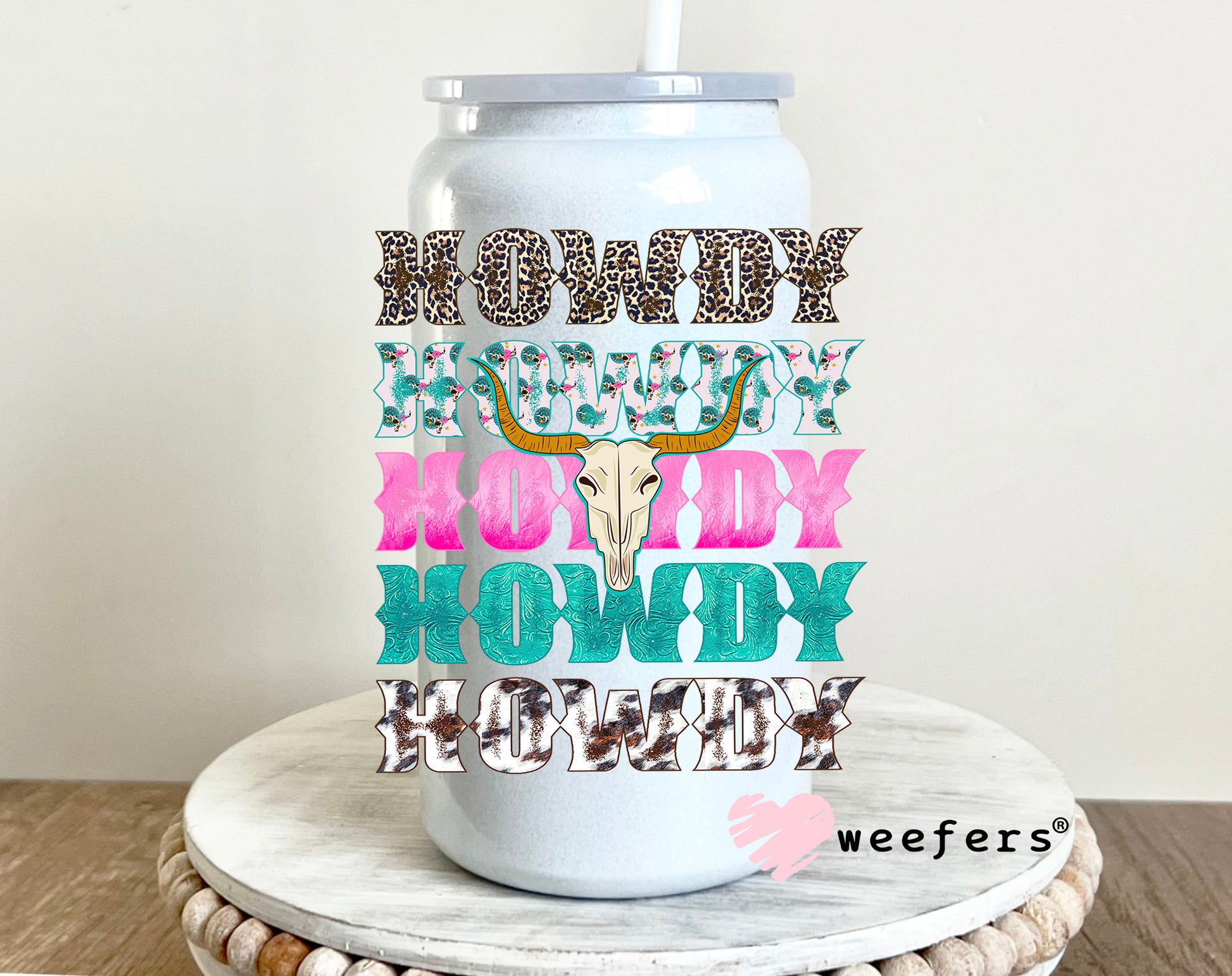 Howdy Howdy Howdy Pink and Teal UV DTF Decal 16oz Glass Can Generic Weefers
