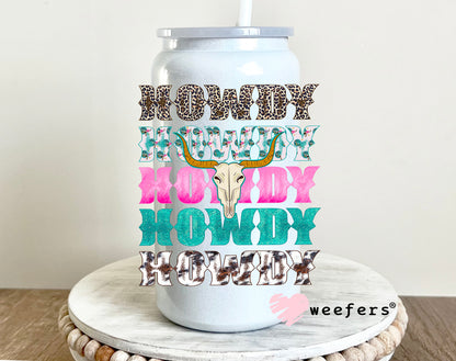Howdy Howdy Howdy Pink and Teal UV DTF Decal 16oz Glass Can Generic Weefers