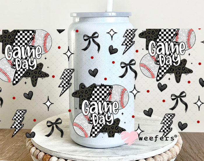 Game Day Baseball Black Checkered Lightening Bolts UV DTF Cup Wrap - WEEFERS EXCLUSIVE WRAP 16oz Glass Can Generic Cup Wrap Weefers