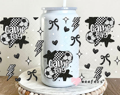 Game Day Soccer Black Checkered Lightening Bolts UV DTF Cup Wrap - WEEFERS EXCLUSIVE WRAP 16oz Glass Can Generic Cup Wrap Weefers