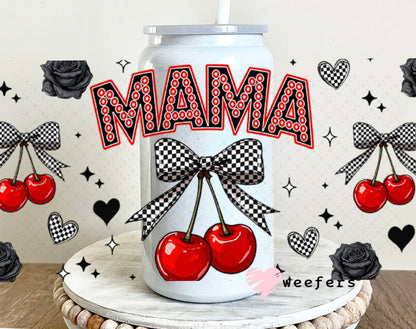 Mama Checkered Bow Cherries UV DTF Cup Wrap - Weefers® Exclusive 16oz Glass Can Generic Cup Wrap Weefers