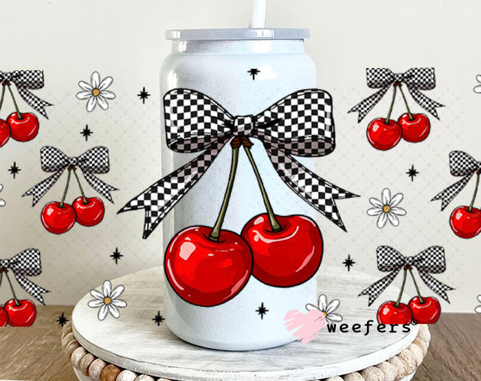 Black and White Checkered Bow Cherries UV DTF Cup Wrap - - Weefers® Exclusive 16oz Glass Can Generic Cup Wrap Weefers