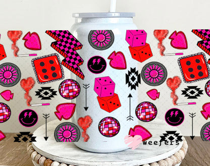 Caffeine and Chaos Hot Pink Dice Sidekick UV DTF Cup Wrap - WEEFERS EXCLUSIVE WRAP 16oz Glass Can Generic Cup Wrap Weefers