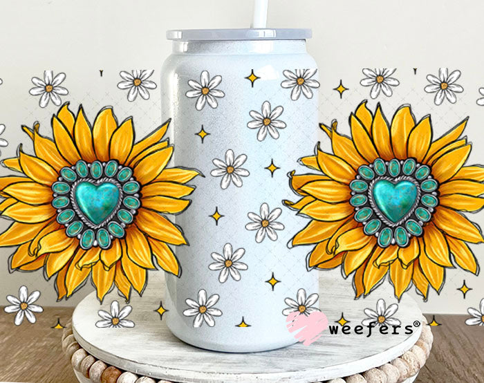 Yellow Sunflower Turquoise Jewels UV DTF Cup Wrap - WEEFERS EXCLUSIVE WRAP 16oz Glass Can Generic Cup Wrap Weefers