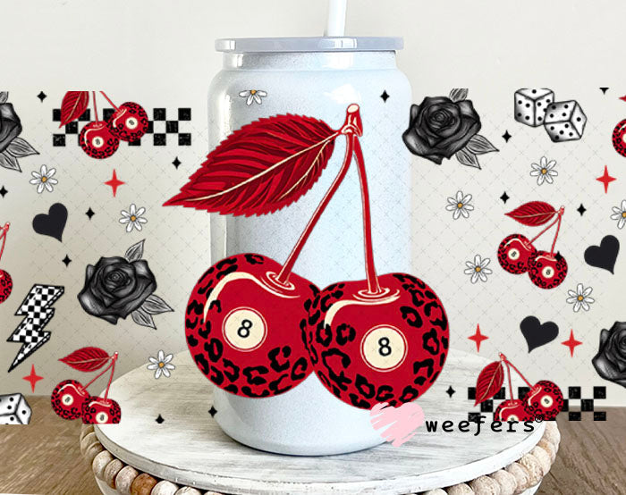 Leopard Red Cherry Eight Ball UV DTF Cup Wrap - Exclusive WEEFERS WRAP 16oz Glass Can Generic Cup Wrap Weefers
