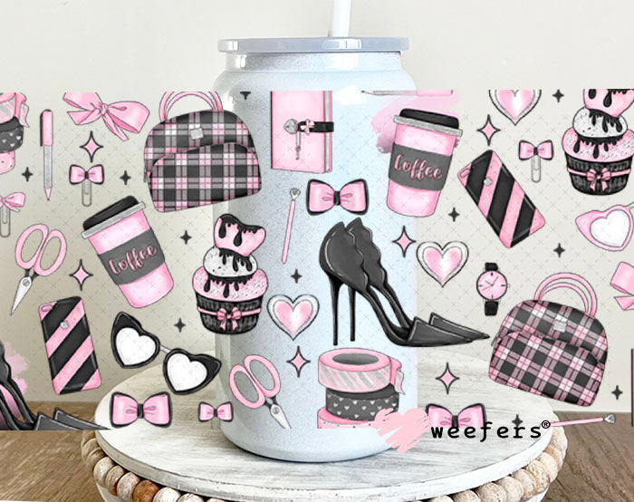 Pink and Grey Planner Girl UV DTF Cup Wrap - Exclusive WEEFERS WRAP 16oz Glass Can Generic Cup Wrap Weefers
