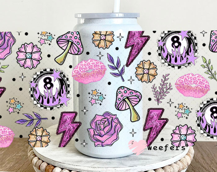 Purple Eight Ball Lightening Bolts and Roses UV DTF Cup Wrap - Weefers Exclusive Wrap 16oz Glass Can Generic Weefers