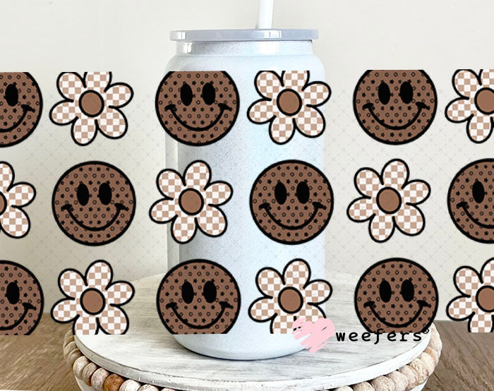 Brown Smile Faces Neutral Flowers UV DTF Cup Wrap - Weefers Exclusive Wrap Weefers