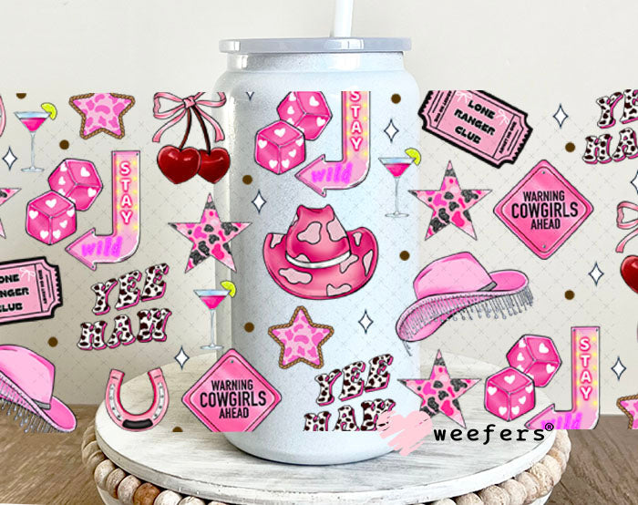 Pink Warning Cow Girls Ahead UV DTF Cup Wrap - Weefers Exclusive Wrap 16oz Glass Can Generic Cup Wrap Weefers