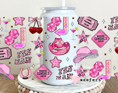 Pink Warning Cow Girls Ahead UV DTF Cup Wrap - Weefers Exclusive Wrap 16oz Glass Can Generic Cup Wrap Weefers