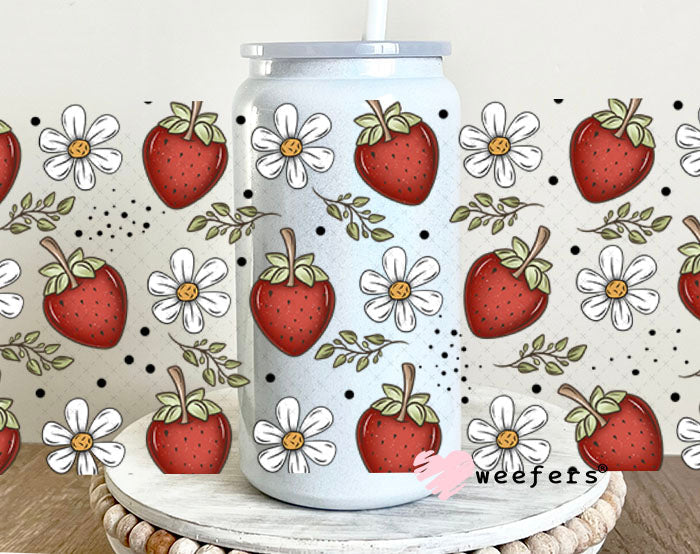 Strawberries and White Flowers UV DTF Cup Wrap - Weefers Exclusive Wrap 16oz Glass Can Generic Cup Wrap Weefers