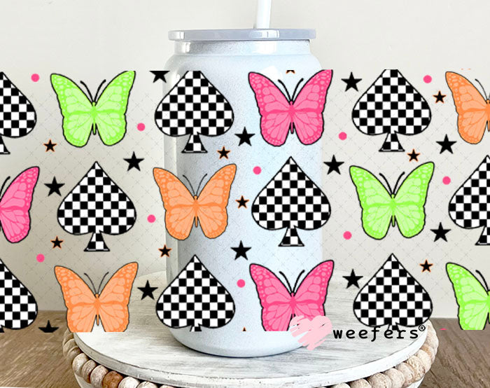 Green Pink and Orange Butterflies UV DTF Cup Wrap - Weefers Exclusive Wrap 16oz Glass Can Generic Cup Wrap Weefers
