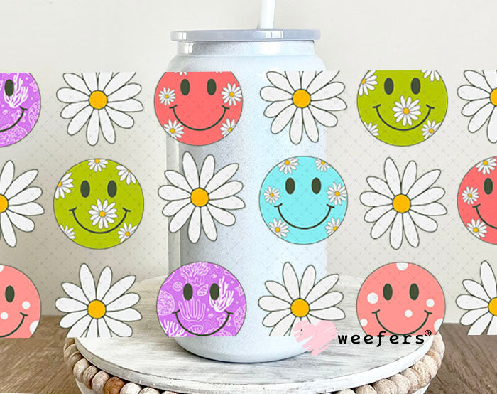 Happy Faces White Flowers UV DTF Cup Wrap - Weefers Exclusive Wrap 16oz Glass Can Generic Cup Wrap Weefers