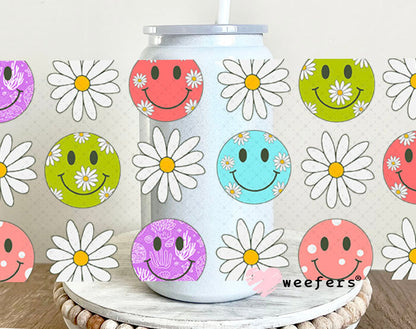 Happy Faces White Flowers UV DTF Cup Wrap - Weefers Exclusive Wrap 16oz Glass Can Generic Cup Wrap Weefers