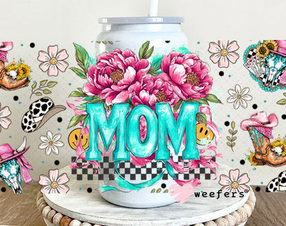 Mom Pink Flowers Western UV DTF Cup Wrap - Weefers Exclusive Wrap 16oz Glass Can Generic Cup Wrap Weefers