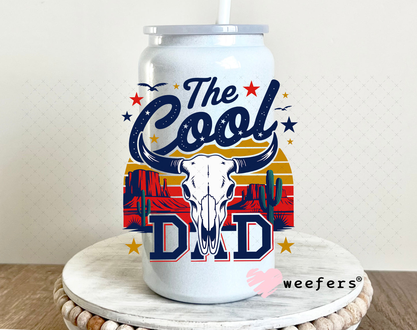 The Cool Dad Blue UV DTF Decal 16oz Glass Can Generic Weefers
