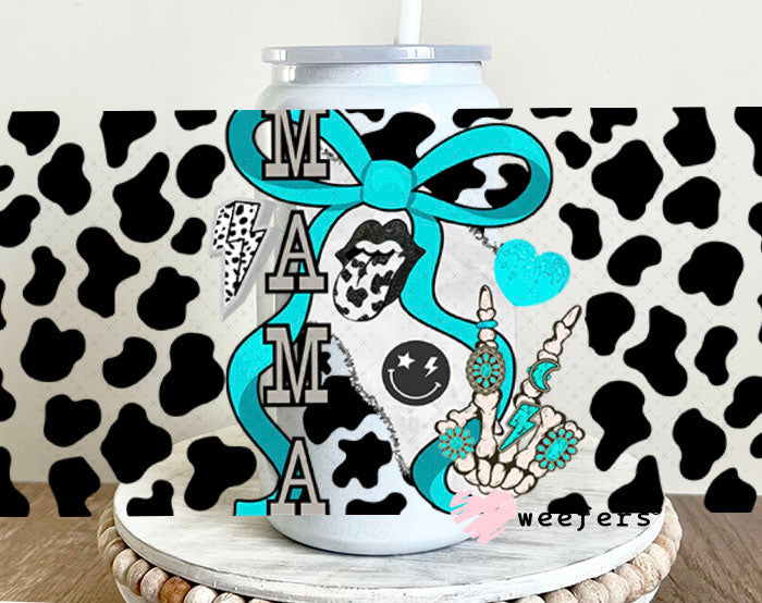 Mama Blue Bow Black Cow Print UV DTF Cup Wrap - Weefers Exclusive Wrap Weefers