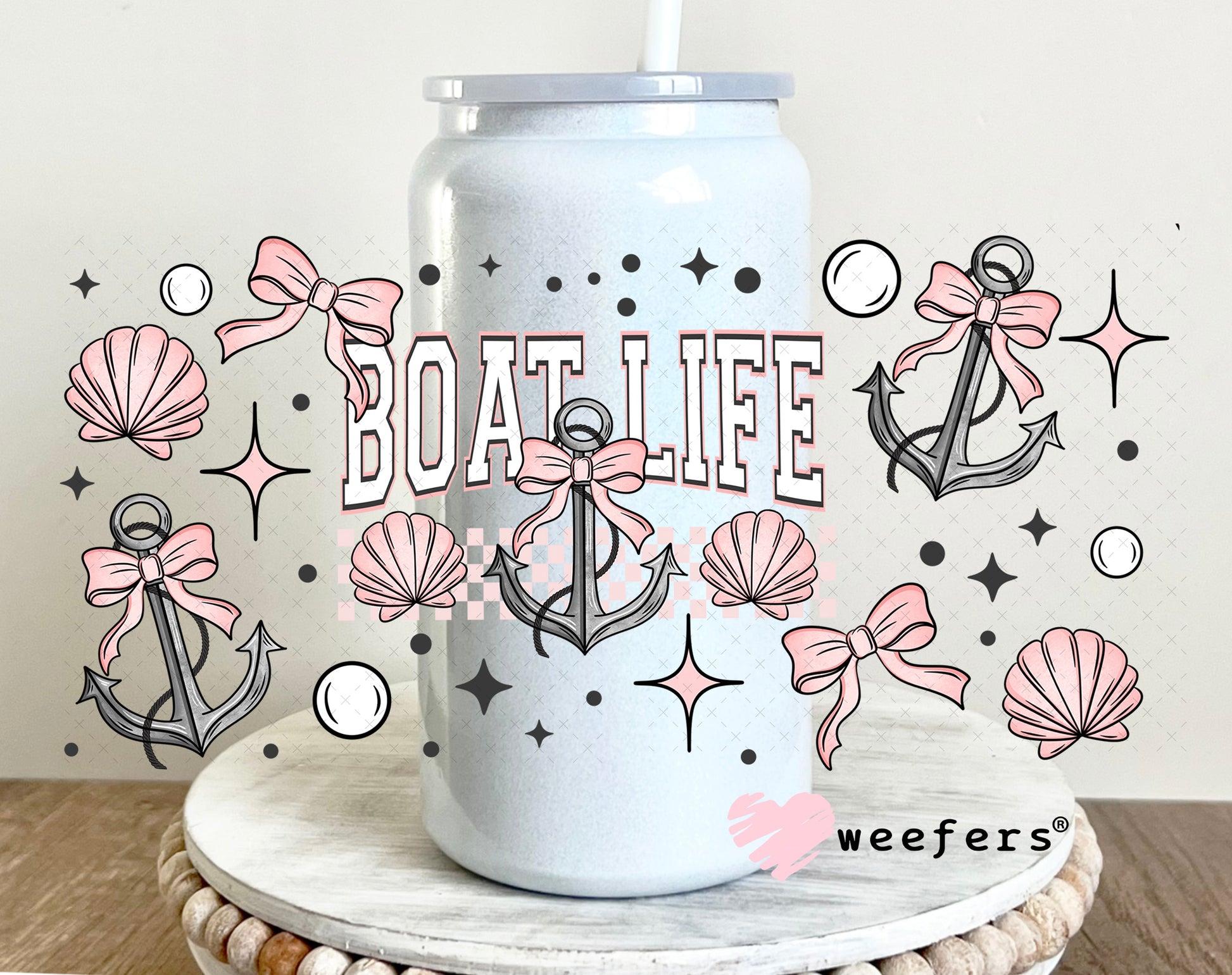 Pink Boat Life UV DTF Cup Wrap 16oz Glass Can Generic Weefers